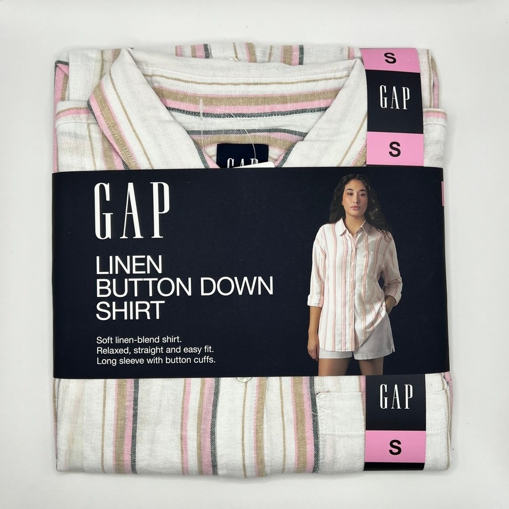 GAP Linen Button Down Shirt Sz S NWT Pink Striped Relaxed Fit